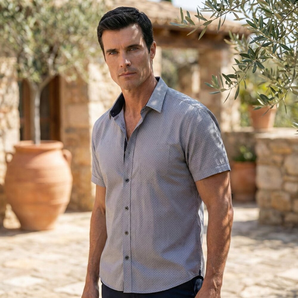 English Laundry Gray Micro Dot Print Short Sleeve Button Shirt Mens L Preppy